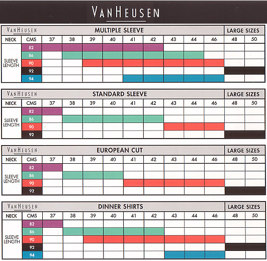 Van Heusen Shirt Size Chart